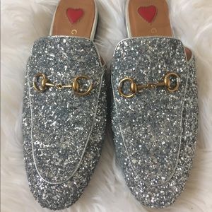 Gucci Princetown Mules Silver Glitter Slides 37